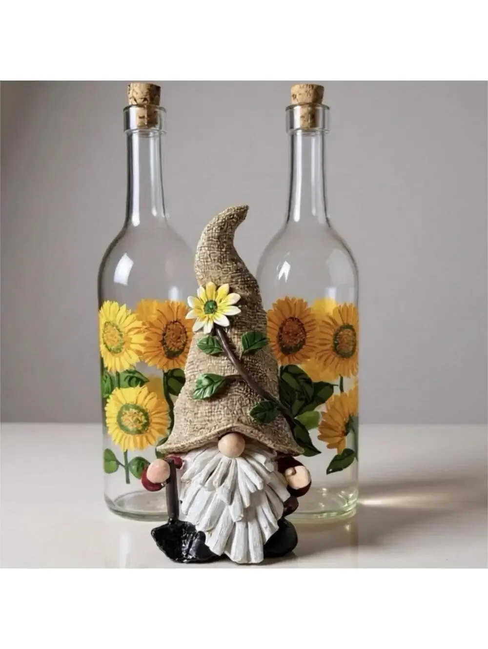 Vintage Sunflower Glass Bottles with Cute Garden Gnome Figurine